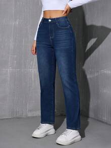 冬季保暖直筒牛仔裤 - 深色水洗藍 - 查看 7