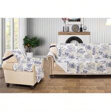 Pink And Green Patchwork Couch Cover, Quilted Large Sofa Slipcover, 70 Width, Slip Resistant Furniture Protector, 2 Strap, Washable Dog-Friendly Couch Cover, Design