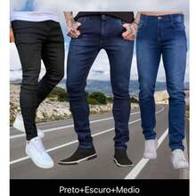 Kit 3 Men's Black Medium Dark Jeans Laicra Slim Basic Casual Premium Direct From The Factory With Elastane - 彩色 - 查看 1