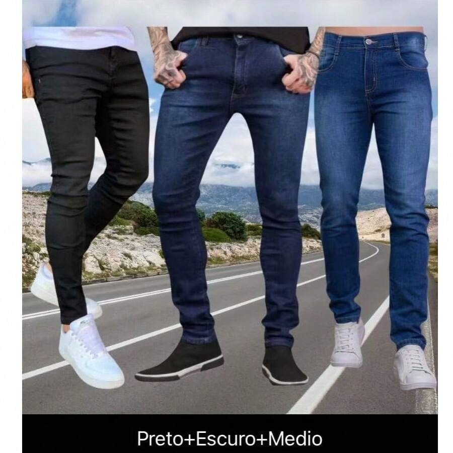 Kit 3 Men's Black Medium Dark Jeans Laicra Slim Basic Casual Premium Direct From The Factory With Elastane - 彩色 - 查看 1