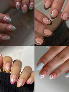 96片花朵美甲贴纸，4种混合图案，短椭圆形芙蓉花美甲贴纸，法式亚克力按压式美甲贴片，包含1瓶果冻胶和1把指甲锉。易于佩戴，适合夏季美甲、法式美甲、女士日常美甲、派对美甲用品。 - 彩色 - 查看 4