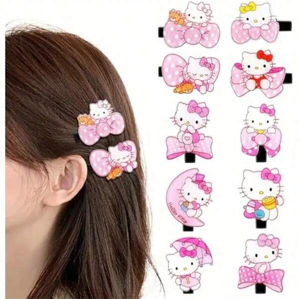 Sanrio 10pcs Hello Kitty Hairpin Set From Sanrio - Cute Cartoon Acrylic Hair Clips For Women And Girls, Perfect For Everyday Wear.