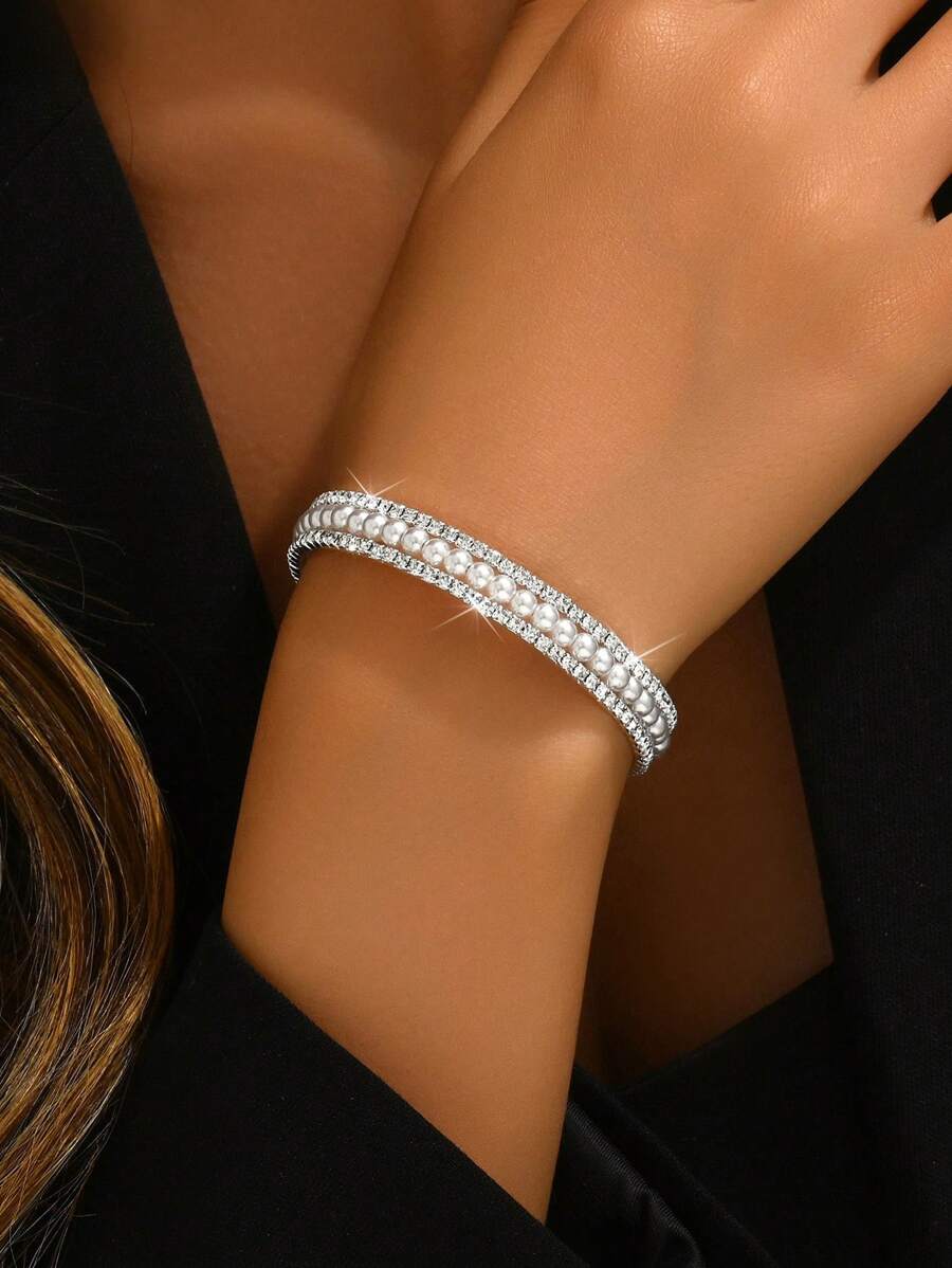 1pc Fashionable Minimalist Multi-Row CZ & Faux Pearl Women Bracelet, For Daily Wear
