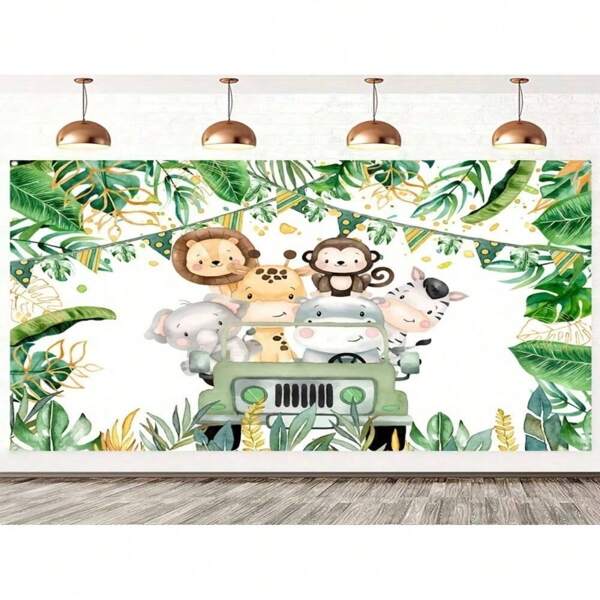 One, Wild Animal Themed Party Background, Happy Birthday Polyester Background, Birthday Party Decoration, Green Forest, Wild One-Year Birthday Supplies
