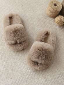 Zapatillas de casa de diseño minimalista y unicolor para niñas, de peluche, cálidas y suaves para el invierno - Caqui - Ver 4