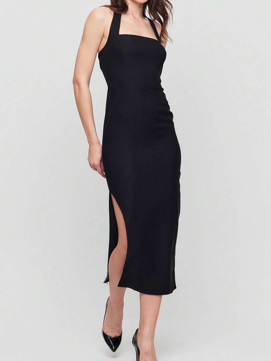 CEYLEN Solid Split Thigh Backless Halter Neck Midi Bodycon Dress - Black - View 1