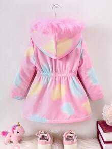 小女孩可爱卡通独角兽印花粉色毛茸茸连帽中长款外套，秋冬 - 粉色 - 查看 3