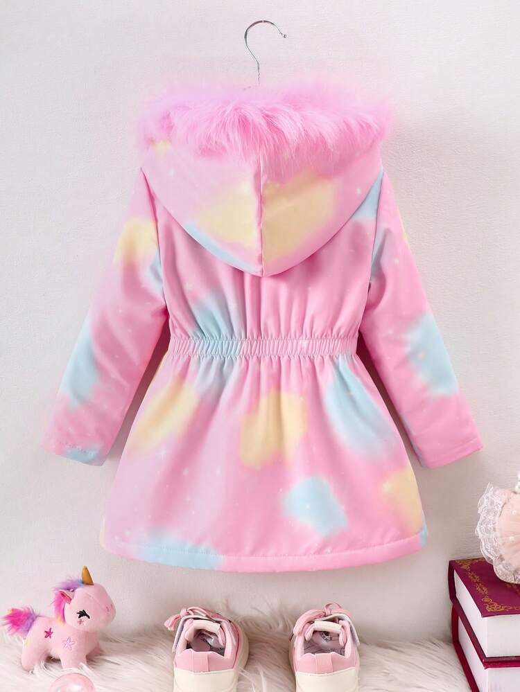 Young Girls Cute Cartoon Unicorn Print Pink Furry Hooded Mid-Length Coat, Autumn/Winter - Pink - View 2