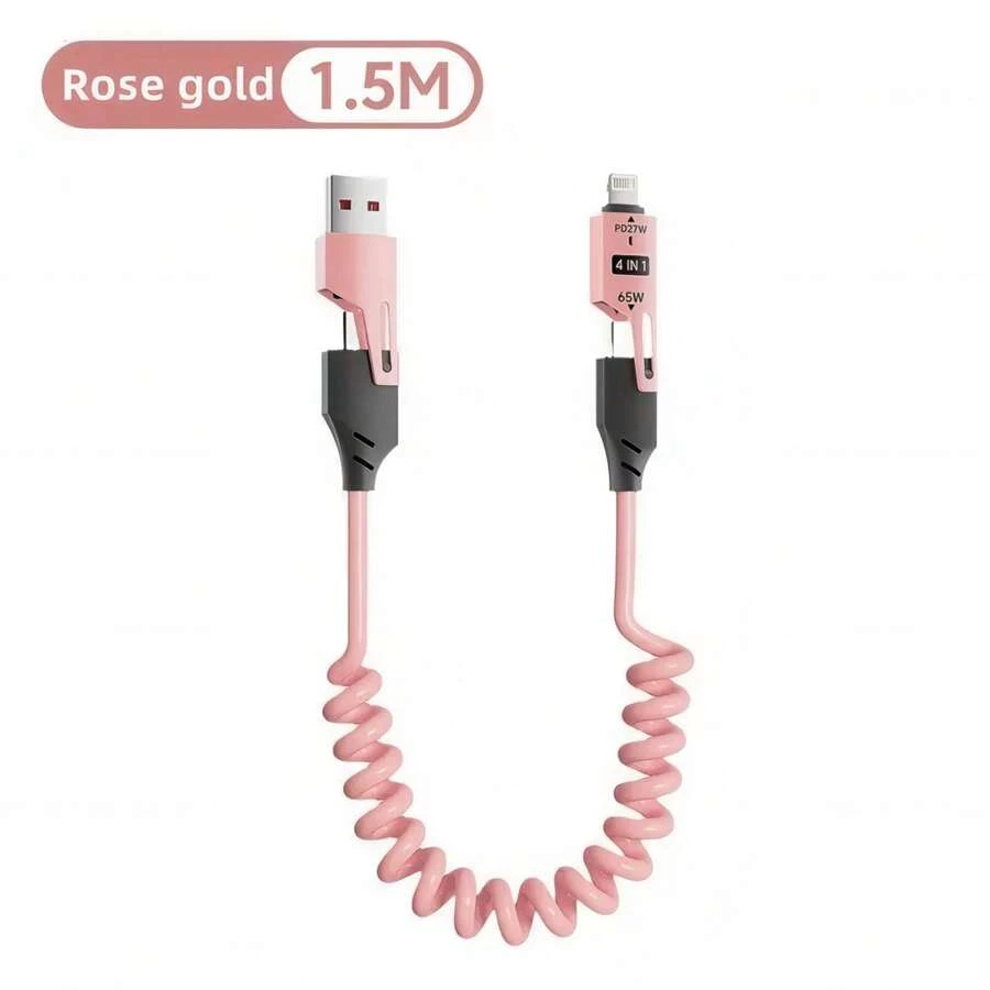 65W Multifunctional Four-In-One USB-C Retractable Cable, PD Super Fast Charging And Data Synchronization, Silicone Material, Multi-Port Charging With Indicator Light, Compatible With IPhone, Compatible With IPad, Compatible With Xiaomi, Compatible With Huawei, OPPO And More Mobile Phone Charging Compatible With IPhone, Android, Camera, MP3 Universal Adapter Charger