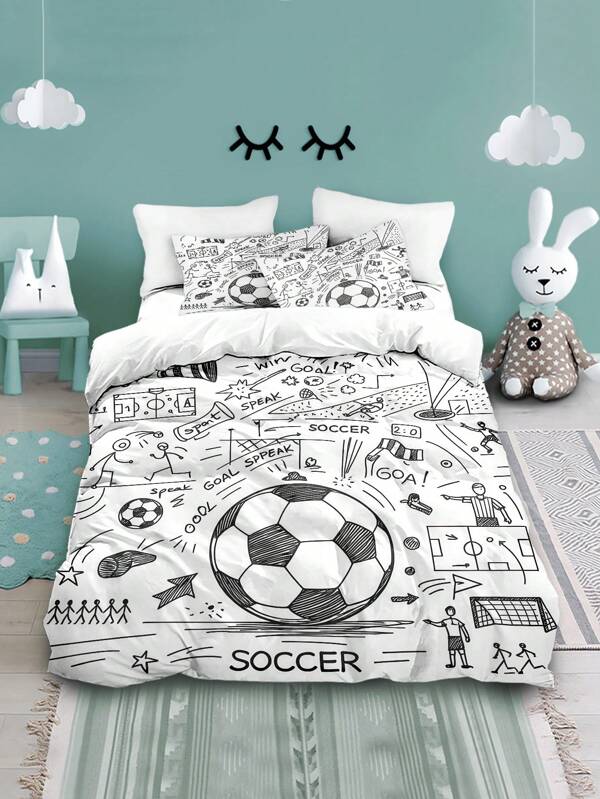 Conjunto de cama com 4 peças de estampa de futebol em preto e branco, estilo desenho animado, inclui 1 capa de edredom + 2 fronhas + 1 lençol, adequado para quarto, hotel, escola, apartamento