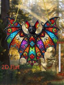 2D 平面，1 件鲜艳亚克力蝙蝠挂饰 - 彩色玻璃效果风格，非常适合万圣节装饰、墙壁艺术、户外使用、钥匙扣饰物、包袋配饰、万圣节装饰 - 彩色 - 查看 3