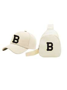 2件套A-Z字母棒球帽和包，适合男孩，时尚团队运动遮阳帽，带可调节肩带 - 旅行腰包斜挎包 - 米色 - 查看 6