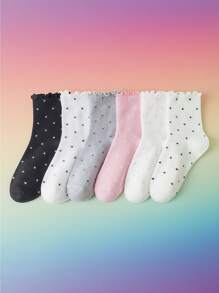 6 أزواج (توصيل عشوائي) بولكا دوت، جوارب كاحل نسائية مزينة بتطريز مكشكش، تناسب مريح، ضروري للربيع والصيف والتنقل اليومي في الخريف