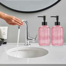 "2-Pack 13oz Glass Soap Dispensers With Black Plastic Pumps - Refillable Hand Soap & Lotion Bottles, Crystal Clear Liquid Dispensers For Bathroom, Kitchen Countertop, Hotel & Modern Home Decor" - 粉色 - 查看 4