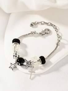 1 件时尚水钻串珠吊坠手链，配黑色 8 号球和十字架吊坠，适合女孩 - 黑色 - 查看 2