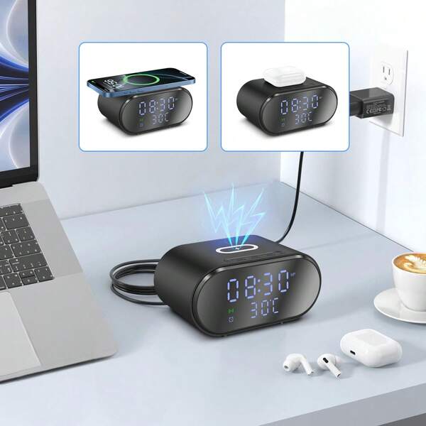 15W Chargeur sans fil 3-en-1 avec horloge, alarme et affichage de la température, compatible avec les smartphones Apple et Galaxy