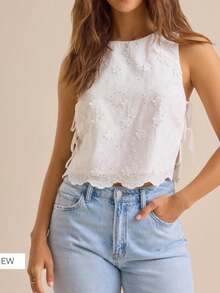 Women Summer Tank Tops Casual Tie Up Side Floral Embroidery Sleeveless Shirt Basic Vest For Streetwear - 白色 - 查看 1