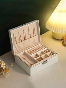 双层珠宝收纳盒，大容量可上锁珠宝盒，PU皮革珠宝收纳盒，适用于项链、耳环、戒指、手表。节日礼物。 - 彩色 - 查看 9