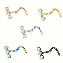 1 件简约不锈钢鼻环，镶嵌 3 颗水钻，弧形鼻钉穿孔饰品