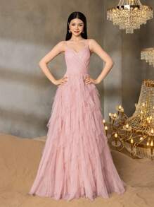 Alisa&Leo Elegant Thin-Strap Teen Formal Gown With Structured Bustier & Multi-Layer Tulle A-Line Skirt – Timeless Design For Prom, Graduation Ceremonies, Homecoming Dances, Gala Dinners, And Pageant Events - Pink - View 3