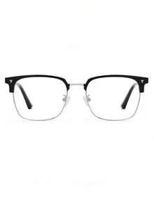 1 Pair Of High-Definition Anti Blue Light Glasses, Retro Men's Transparent Lens Glasses, Fashionable Half Frame Flat Light Glasses - 黑色 - 查看 8