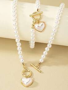 2 pezzi/Set Gioielli da donna, Set Collana e Braccialetto con Ciondolo a Forma di Cuore e Perle, Stile Bohémien, Adatto per Spiaggia, Feste, Uso Quotidiano Casual - Bianco - Visualizzare 2