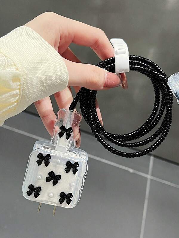 5pcs/Set Bowknot Charging Cable Protector, Compatible With 20W US Charger, Compatible With Iphone11/12/13/14/15/16 Pro Max, 1.5m Anti-Break Data Cable, TPU Charging Head Protector
