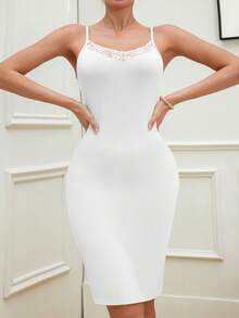欧美女士性感蕾丝花边纯色吊带弹力柔软舒适打底束腰包臀连衣裙 - 白色 - 查看 3