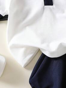 2 件套女婴马球领刺绣背心和泡泡短裤套装，可爱优雅的街头风格