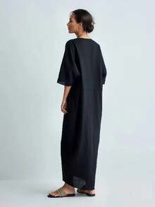 纯色休闲露背长裙，黑色，夏季优雅女装 - 黑色 - 查看 1