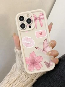 1 pieza Funda protectora de teléfono con diseño de patrón floral de lazo de labios de mariposa, anti-caída y gruesa, compatible con iPhone 11 Pro Max/12 Pro Max/13 Pro Max/14 Pro Max/15 Pro Max/16 Plus/16 Pro Max, 16E, Galaxy A55/Galaxy A15/Galaxy S24 Ultra/Redmi, OPPO/Realme, VIVO, Infinix, Honor, MOTO, One Plus - Blanco - Ver 1