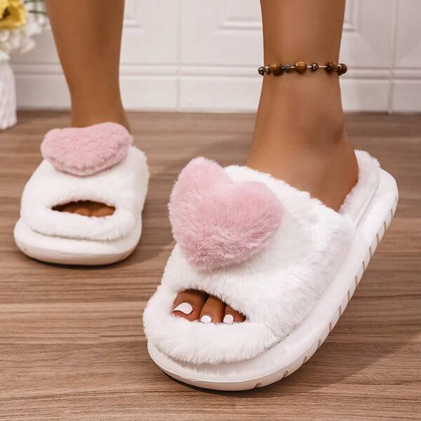 Cute Heart Decor Slippers, Casual Slip On Faux Fur Open Toe Shoes, Comfortable Indoor Home Slippers