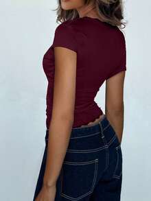 Cross Wrap Tie Top For Women Y2k Fairy Lace Trim Crop Top Ruched Shirts Short Sleeve V-Neck Slim Fit Tie Ballet Yoga Workout T Shirts Coquette Blouse - 酒紅色 - 查看 2