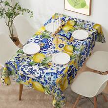 1 pieza Mantel de poliéster con patrón de azulejos cerámicos de limón vibrante y azul - Excelente para fiestas de verano, cumpleaños, decoración del hogar, dormitorio, decoración de cocina con limones