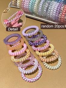 20个/包 随机颜色螺旋发圈，高弹力发绳，甜美可爱风格，女士发饰，适合日常休闲和户外活动，也可用作学习用品、发饰、女士配饰。发绳马尾辫头饰