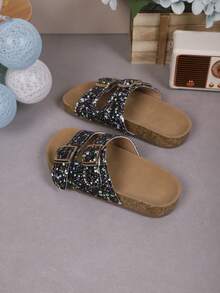 1 par de zapatillas con decoración de rhinestones brillantes antideslizantes para interiores/exteriores para niños y niñas - Negro - Ver 5