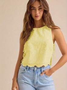 Women Summer Tank Tops Casual Tie Up Side Floral Embroidery Sleeveless Shirt Basic Vest For Streetwear - Màu vàng - Xem 2