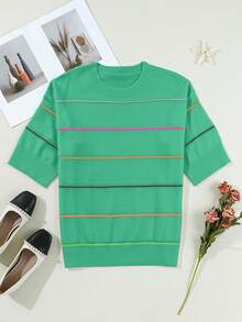 Acelitt Four Season Applicable Color Blocked Striped Seven Quarter Sleeve Off Shoulder Ribbed Round Neck Casual Knitted Top