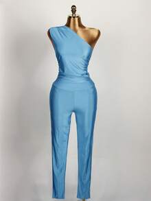 طقم بيجامة صيفي مكون من قطعتين: سترة فوقية بدون أكمام وياقة غير متماثلة + بنطال لرفع الأرداف