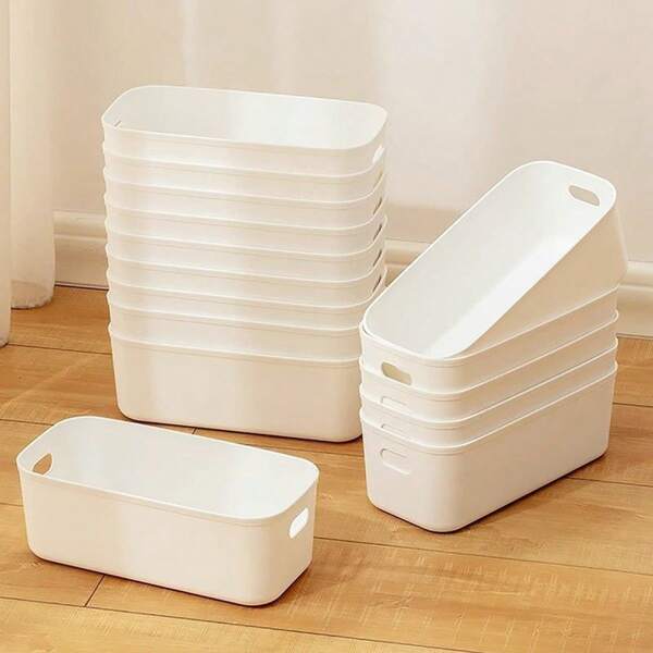 4pcs White Plastic Storage Boxes For Cosmetics, Toiletries & More - Versatile Organizer With Handles For Bathroom, Bedroom, Office & Desktop Organization, Home Organization |   Minimalist Design |   Plastic Construction, Bathroom Organizers And Storage, Storage Boxes For Organizing