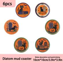1 Set /4 Pieces /6 Pieces: Halloween Black Cat Pattern Diatom Mud Coasters, Floral Coffee Coasters, Multi-Occasion Decoration For Home And Restaurant, Daily Gifts, Table Decoration, Daily Decoration, Theme Party Decoration
