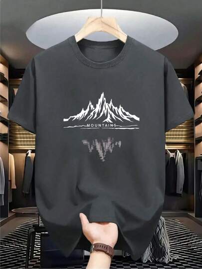قميص تي شيرت رجالي بياقة طاقم وأكمام قصيرة مع طباعة جبلية مميزة، مناسب للملابس الشارعية والخارجية والارتداء اليومي العادي بمقاسات كبيرة