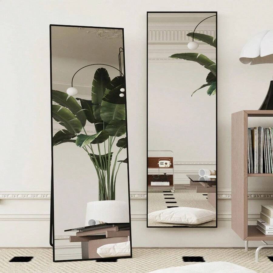 21.1" X 56" Rectangular Large Wall Mounted Or Tilting Floor Mirror With Matte Black Frame Modern Style, Made Of High Quality Explosion-Proof Film Glass, Special Material  To Reflect A Clear Image, Will Not Be Distorted To Ensure That The Mirror Is Long-Lasting Clear And Durable