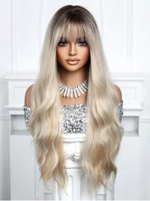 长波浪卷发带刘海 26 英寸渐变金色合成耐热假发 女士日常聚会度假旅行日常佩戴节日礼物 - 漸變金色 - 查看 3