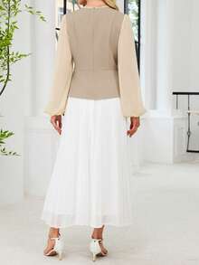 Women's Elegant Front Button Decor Chiffon Patchwork Blouse And Colorblock Pleated Midi Skirt Set