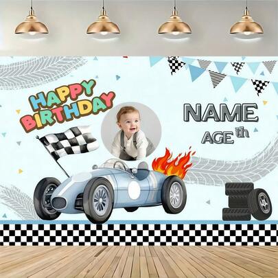 1pc Customized Birthday Background With Racing Car Theme, Vintage Blue And Black Two Fast & Curious Flags, Party Decoration Celebration, With Hieroglyphic Flags And Balloon Icons, Multiple Sizes Available