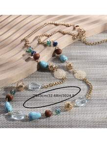 [Crystal Faux Turquoise Boho Necklace] Crystal Natural Wooden Beads Faux Turquoise Decor Necklace Boho Vintage Necklace Jewelry