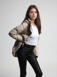 Women's Mid-Length Stylish Quilted Puffer Coat With Hood, 4 Colors Available. A Winter Wardrobe Essential. Style With Practicality. Warmth With Chic. - Beige - View 6