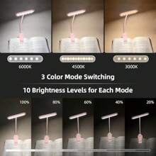 PINK 10 LED Book Light, 3 Eye-Protecting Lightng Colours Reading Light, Adjustable Brightness, USB Rechargeable 12H Battery Life, Flexible Clip On Book Light For Reading, Painting,Travel, Kids Gift