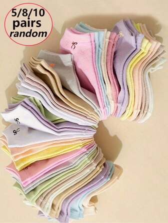 5/8/10 pares de nuevos calcetines de tobillo de unicolor con lazo, de moda y lindos, de color caramelo, para estudiantes de vuelta al colegio y deportes